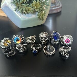 11pc Skull Goth Punk Ring Set, Silver